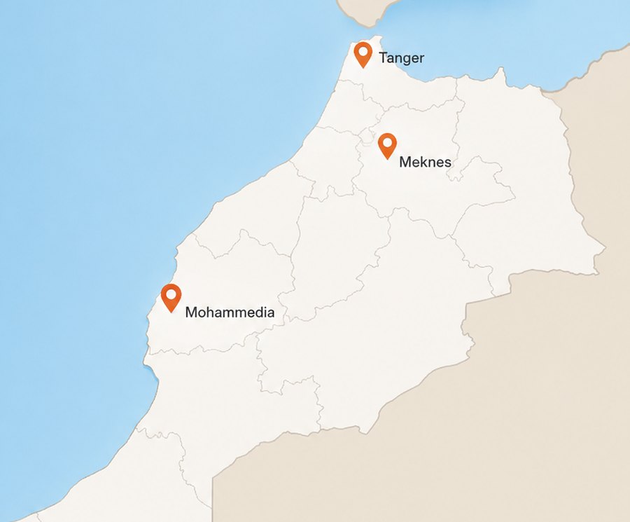 Carte du Maroc situant les sites OCTA de Tanger, Meknès et Mohammedia